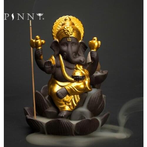 PINNY Purple Clay Ganesha Stick And Backflow Incense Burner Elephant Statue Ganesha Mammon Censer Rring Success And Happiness