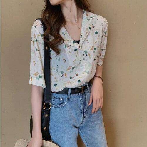 Summer Women Thin Chiffon Shirt New Korean Printing Blouse Female Short Sleeve Turn Down Collar Causal Loose Fashion Tops H9001