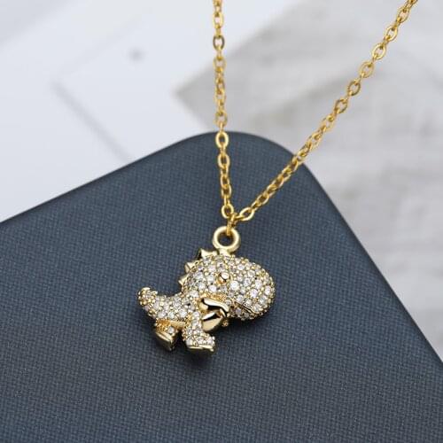 Cute Dinosaur Necklace For Women Girls Stainless Steel Gold Chain Necklace Zircon Pendant Kpop Vintage Jewelry collier femme