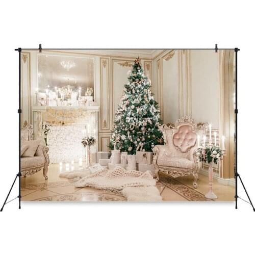 Neoback Christmas Backdrop for Photos Christmas Tree Light House Fireplace Photographic Background for Photo Studio