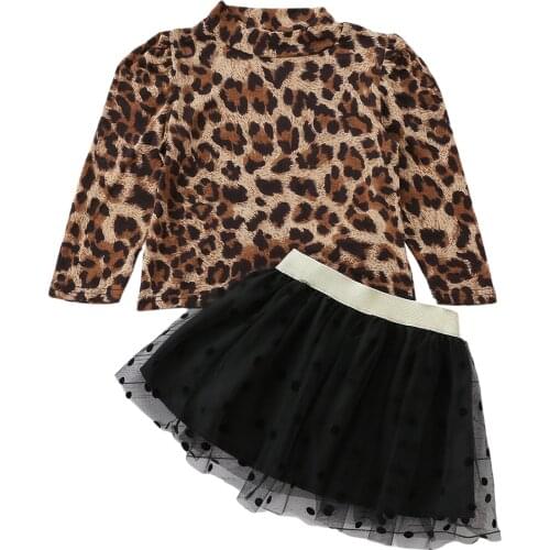 2021 2-7Y Fashion Kids Baby Girl Clothes Set Leopard Print Turtleneck Long Sleeve Pullover+Dot Tulle Black Tutu Skirt Fall 2pcs