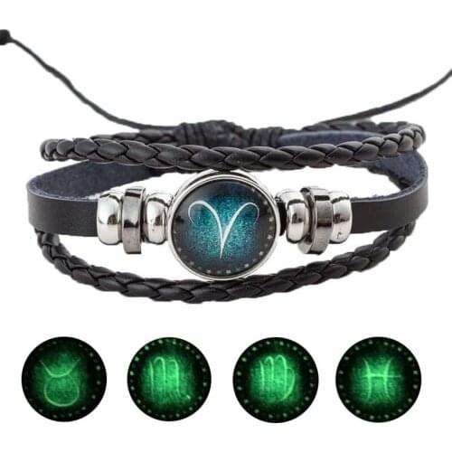 Fashion 12 Constellation Luminous Bracelet Men Leather Charm Bracelets for Boys Women Girl Jewelry Accessories Gifts