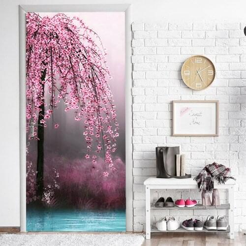 Door Stickers Imitation 3D Pink Flowers Beautiful Scenery Door Renovation Entrance Decoration Wall Stickers