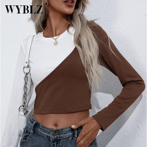 Autumn Sexy Navel Skinny Harajuku T-shirt Women 2021 Stitching Casual Streetwear Contrast Color Top Long Sleeve Short Blouses