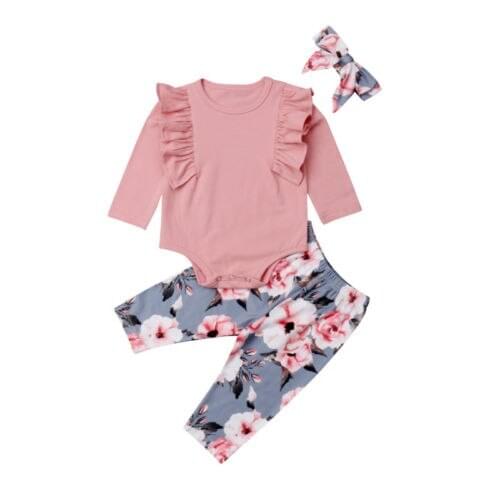0-24M Newborn Toddler Baby Girls Flower Top Romper Floral Long Pants Outfits Clothes