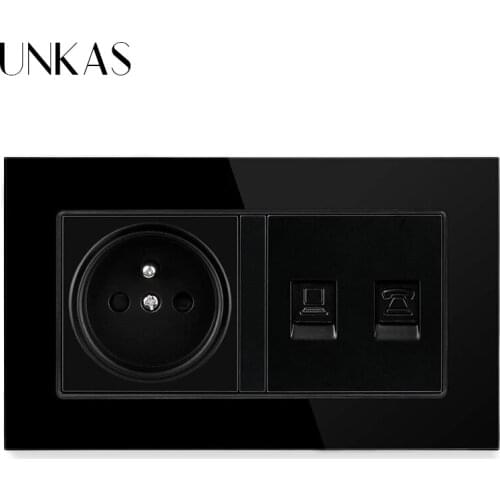 UNKAS Tempered Crystal Glass Panel French Standard Socket + RJ11 Telephone Jack RJ45 Internet Computer Port 146MM*86MM Outlet