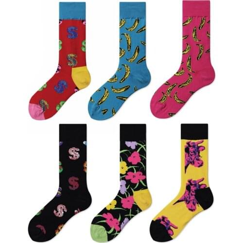 Peonfly Casual New Combed Cotton Mens Tend Harajuku Street Hip Hop Funny Happy Colorful Banana Pattern Long Socks for Men