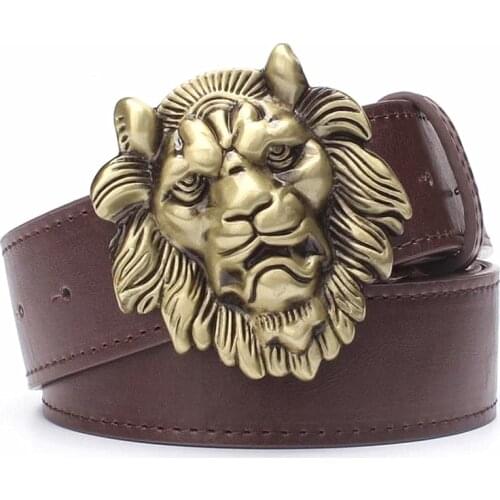 Mens belt gold Lion head male strap fashion Pu leather belt metal buckle casual pants belt big golden lion king head