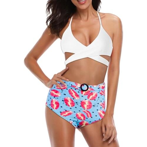 Sexy High Waist Swimwear Women Bikini Set Print Padded Bathing Swimsuit Beachwear Halter Bather Bathing Suit Biquini