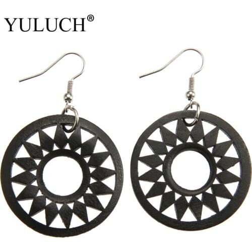 YULUCH Simple Natural Wood Earrings Drop Retro Flower earrings Trendy Black Hollow Design Jewelry Party Gift Women Earring