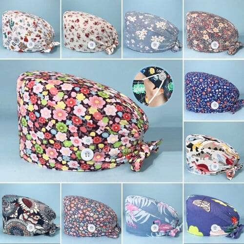 New Unisex cotton scrubs caps buttons Floral printing adjustable Scrubs caps accessories beauty salon work caps laboratory hat