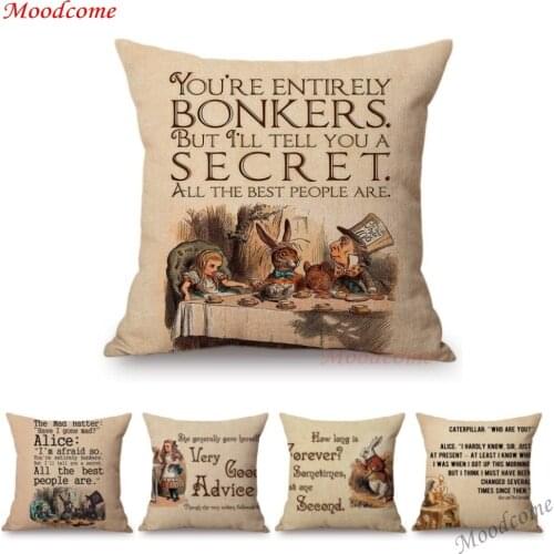 Vintage Alice in Wonderland Quotes Letter Print Home Decorative Sofa Throw Pillow Case Children Cartoon Gift Linen Cushion Cover