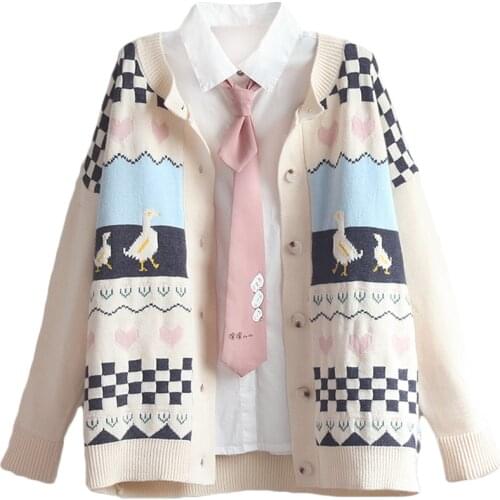 Cartoon Duck Jacquard Harakuju Knit Women Cardigan 2021 Winter Warm Sweet Stylish Female Kawaii Cute Outwear Coat Girls Tops