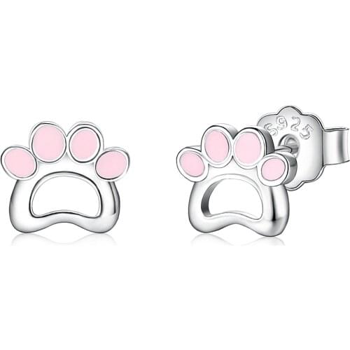 ZEMIOR Cute Stud Earrings For Women S925 Sterling Silver Animal Epoxy Pink Color Cat Paw Simple Birthday Party Fine Jewelry