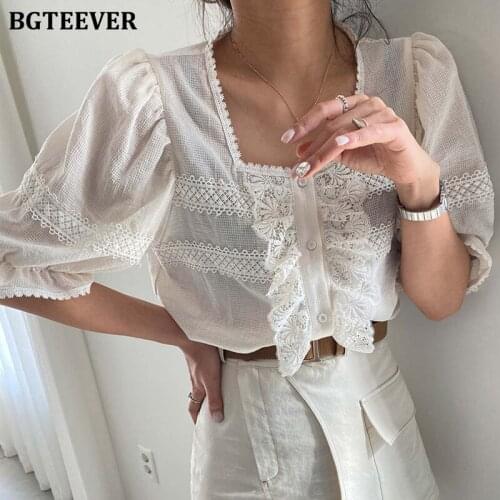 BGTEEVER Spring Summer Single-breasted Square Collar Womens Blouses Elegant Puff Sleeve Lace Patchwork Ladies Shirts 2021