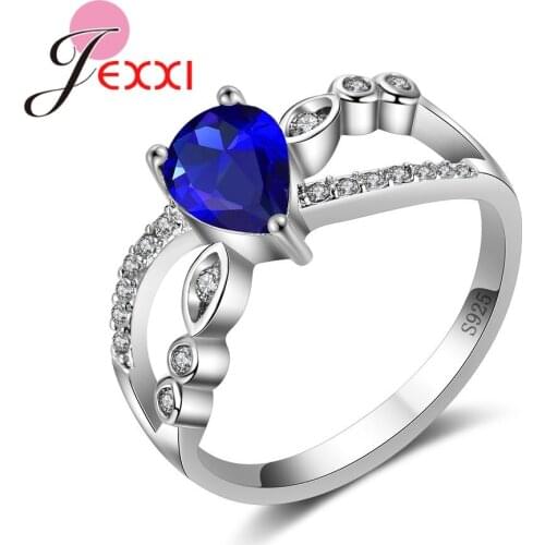 Retro Style Women Fashion Hollow Out Blue Water Drop Crystal Wedding Rings For Bride 925 Sterling Silver Rhinestone Ring