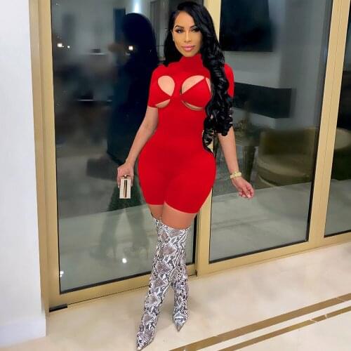 2021 Sexy Jumpsuit Women Playsuit Clubwear High Neck Short Sleeve Bodysuit Hollow Out Bodycon Rompers Womens Jumpsuit Shorts