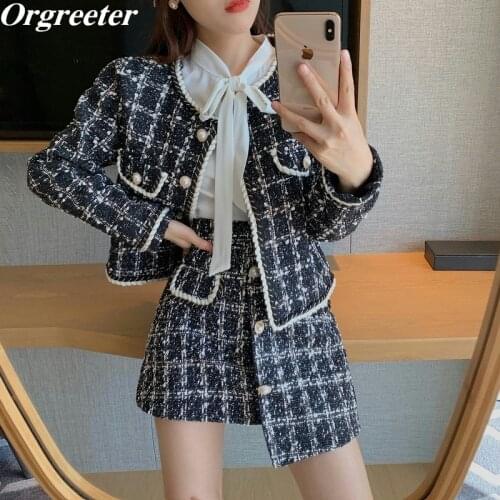 Fall Winter New Vintage Plaid Tweed Suit Women Single-breasted Pocket Short Jacket Coat+Asymmetry Mini Skirt 2 Piece Set Female