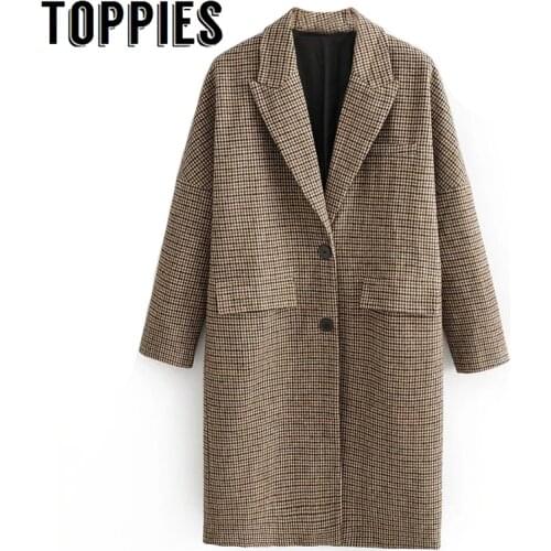 2019 Winter Plaid Long Coat Women Single Breated Woolen Coat Europe Fashion Ladies Vintage Warm Clothes