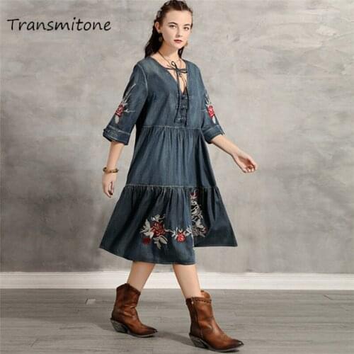 Spring Denim Womens Dress 2020 Vintage Women Dresses V-Neck Half Sleeve Floral Embroidery Vestidos 82188 Female Vestido