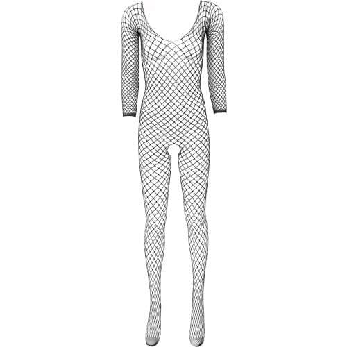 Women Sexy Lingerie Bodystockings Hollow Out Fishnet Bodysuit See Through Crotchless Long Sleeves Stretchy Full Body Stockings