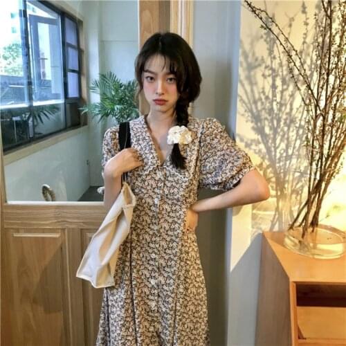 2020 Women Summer Vintage Lace Peter Pan Collar Flower Long Chiffon Shirt Dress Folds Waist Puff Sleeve Midi Dresses