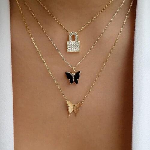 3 Pcs/Set Women Fashion Necklaces Set Gold Color Crystal Lock Butterfly Pendant Multilayer Clavicle Chain Boho Lady Jewelry