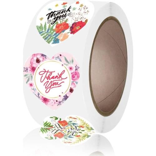 500pcs/roll Flower Thank You Stickers Scrapbooking Heart Shape Paper Sticker For Wedding Envelope Handmade Gift Decoration