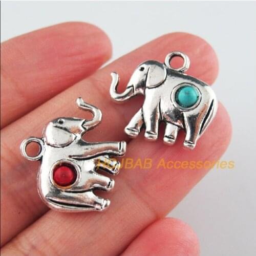 8 New Elephant Charms Tibetan Silver Tone Red & Blue Stone Animal Pendants 18x21mm