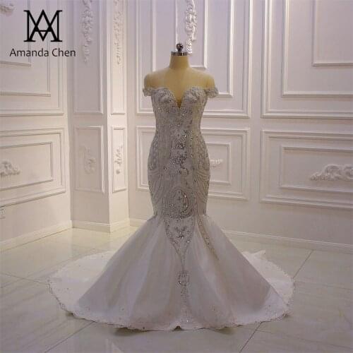 Abendkleider 2019 Off Shoulder Rhinestone Crystal Beads Mermaid Wedding Dress