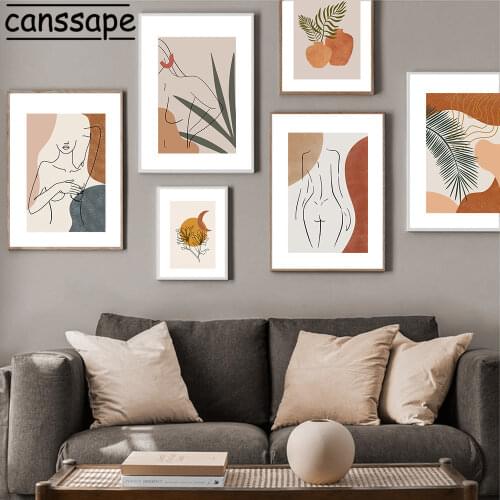 Abstract Canvas Painting Line Woman Nude Print Boho Wall Posters Leaf Poster Vintage Wall Pictures For Living Room Decoration