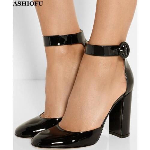 ASHIOFU New Hot Sale Handmade Ladies Chunky Heel Pumps D'orsay Party Prom Dress Shoes Buckle-strap Evening Fashion Court Shoes