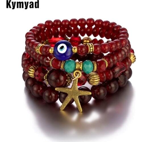 Kymyad 4pcs/Set Bracelets for Women Jewelry Glasses Beads Stone Bracelet Starfish Eyes Charm Bracelets Sets Multilayer Bracelet