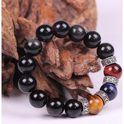 14Mm Natural Black Obsidian Bracelet Tiger Eye Beads Energy Bracelets For Men Health Protection Jewelry Pulsera Hombre