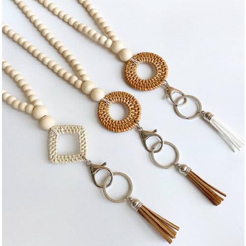 Natural Wooden Beaded Keychain Necklace Chain Rattan Knit Circle Pendant Key Rings Velvet Tassel Necklace Women ID Card Necklace