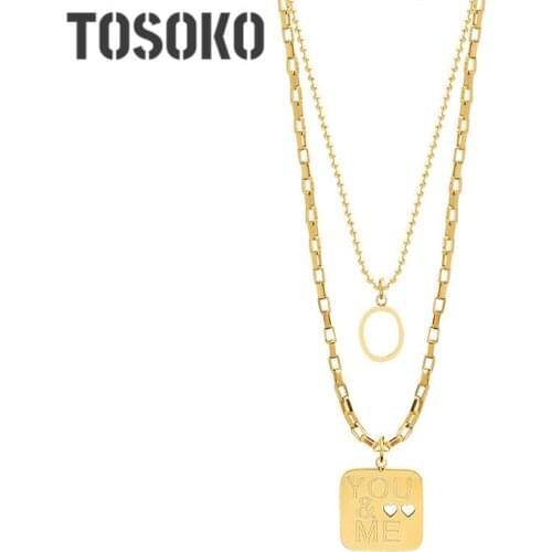 TOSOKO Stainless Steel Jewelry Letter O Pendant Necklace Female Double Layered Clavicle Chain BSP811