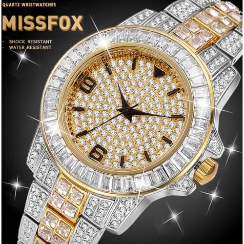 MISSFOX Luxury Mens Watch Gold Diamond Hip Hop Gents Watches Top Brand Classic Streetwear Rappers Role Qaurtz Watch Men