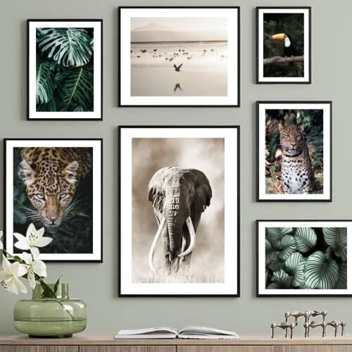 Jungle Wild Leopard Elephant Toucan Bird Leaf Nordic Poster Wall Art Print Canvas Painting Wall Pictures For Living Room Decor
