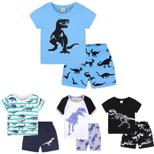Summer Boys Clothes Set Cartoon Dinosaur Outfit Print + Shorts Pants 2 Pcs Suits Clothes Boys Casual T Shirt For Infant Kids