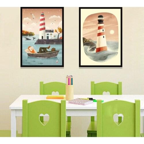 Lighthouse Whale Sea Beach Minimalist Art Nordic Canvas Poster Painting Cartoon Landscape Wall Picture Modern Home Room Decor