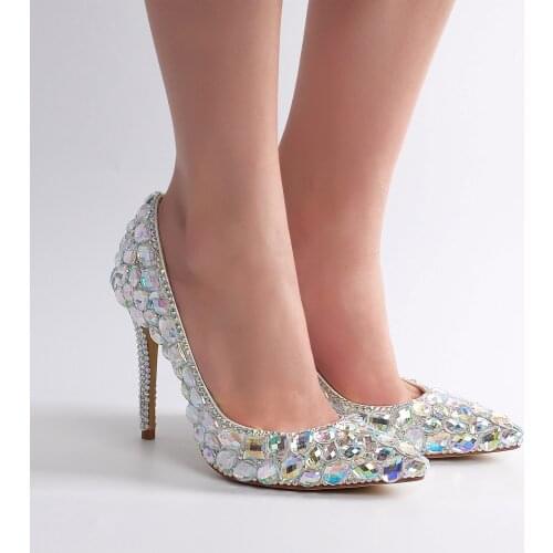 Fashion High Heels Single Shoes Colorful Glass Wedding Dress Thin Heel Pumps Shoes For Brides Crystal Ladies Shoe Bridal Shoes