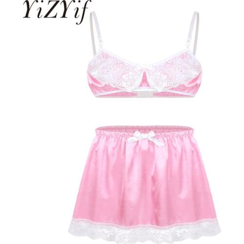 Mens Sissy Panties Smooth Satin Lace Lingerie Adjustable Spaghetti Shoulder Straps Bra Top with Elastic Waistband Short Skirt