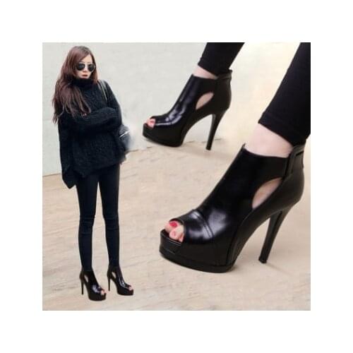 11cm Women Pumps Spring Fall Office Shoes Breathable Hollow Out Square Heel Boots Woman Platform Heels Party Wedding Shoes 34-43