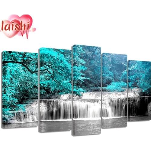 5pcs Full Diamond Painting Cyan tree, waterfall Cross Stitch Mosaic 5D Diy Square Round diamond 3d Embroidery Gift home decor