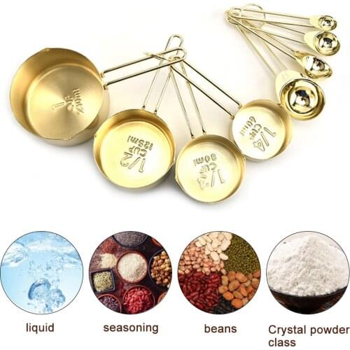 Set Of 8 Stainless Steel Measuring Cups And Spoons Engraved Measurements Pouring Spouts Scoop Kitchen Tool For Baking Cooking