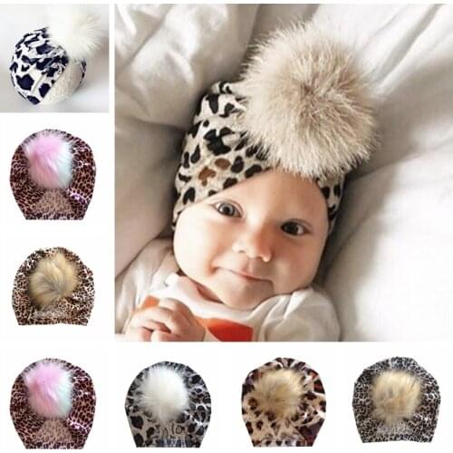 Nishine New Leopard Print Hat with Cute Hairball Newborn Infant Toddler Hedging Cap Tire Cap Turban Baby Girls Hair Accessories
