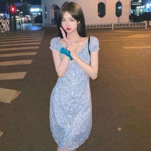 Dress Split V-neck Short-sleeved Floral Dress Female Summer New Style Korean High-waist Skirt