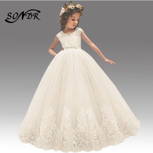 Champagne Flower Girl Dresses HT197 Lace Hollow Back Elegant Kids Wedding Party Dress Bow Beading Little Girls Communion Gowns