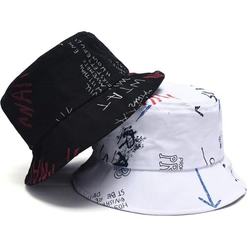 Fashion Letter Graffiti Travel Summer Beach Sun Protection Hat Black White Bucket Hat Fisherman Cap