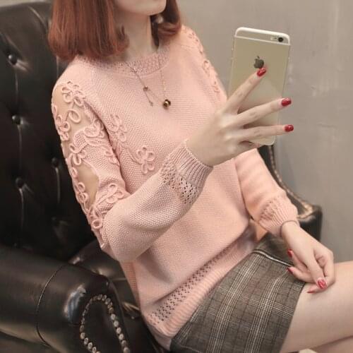 Thin Hollow Out Lace Knitting Sweater Women O-Neck Long sleeve Jumpers Ladies Loose Casual Tops 6 Color Pullover Female Knitwear
